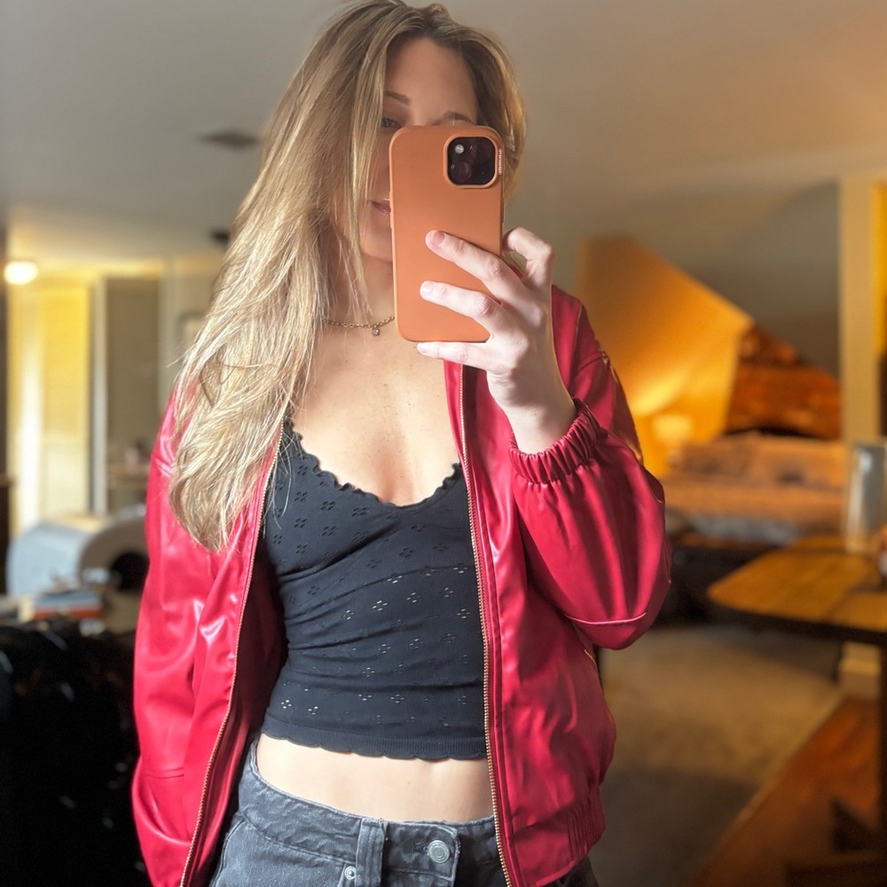 Red Women's Bomber Jacket - Stylish Layering Piece